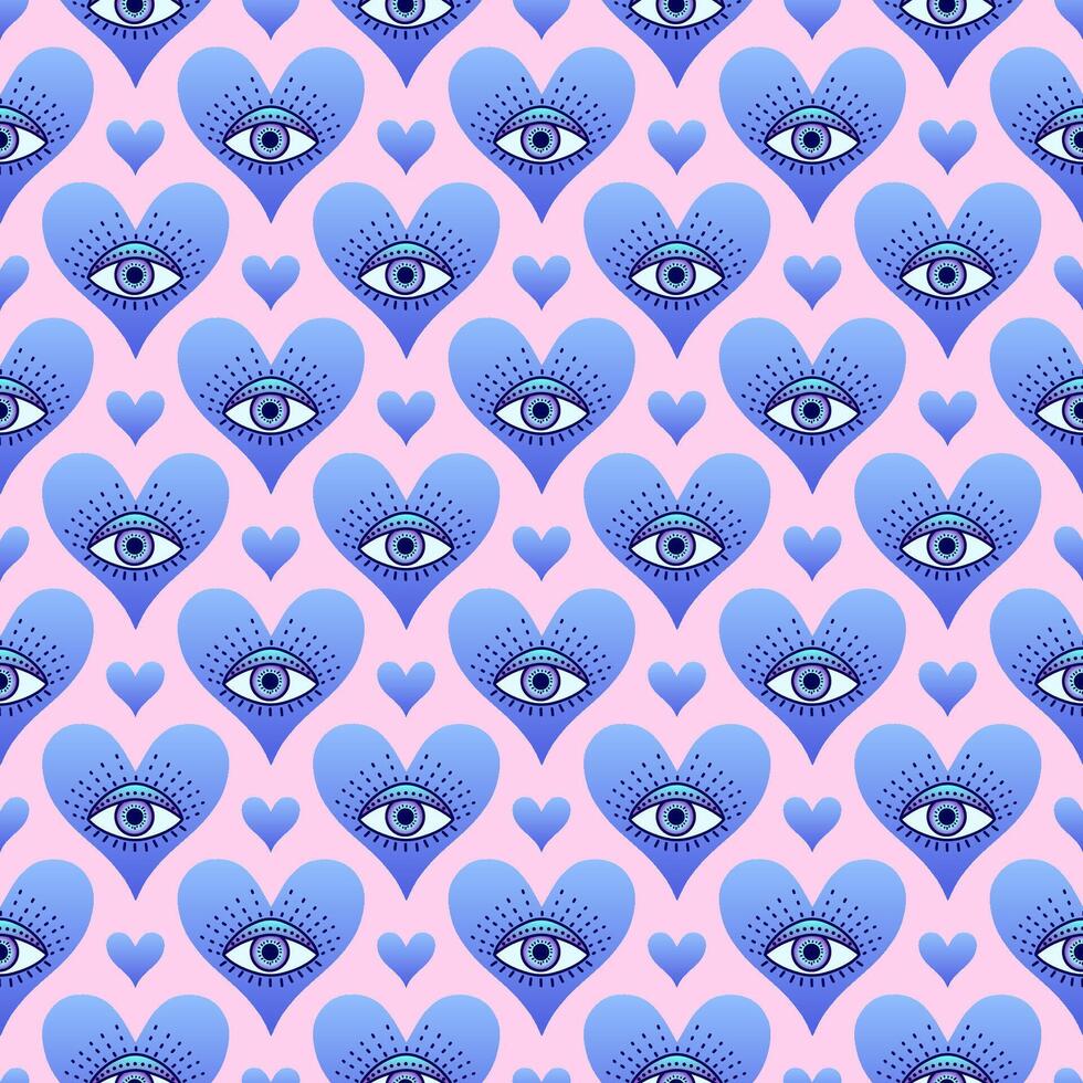 Seamless pattern featuring mystical eyes within pink gradient hearts , combining boho and surreal elements for unique design projects. vector