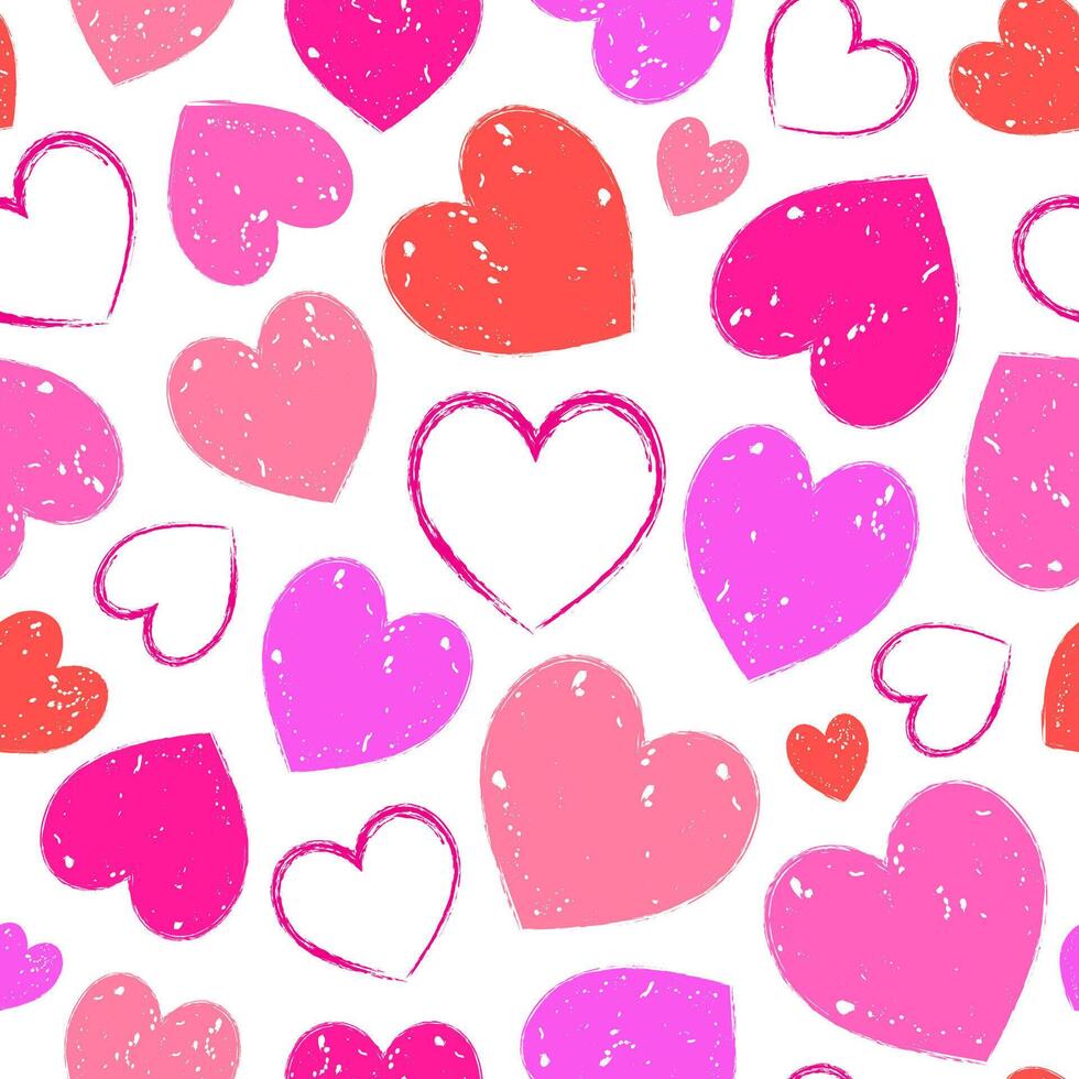 Seamless pattern of textured hearts in various shades of pink and red on a white background. vector