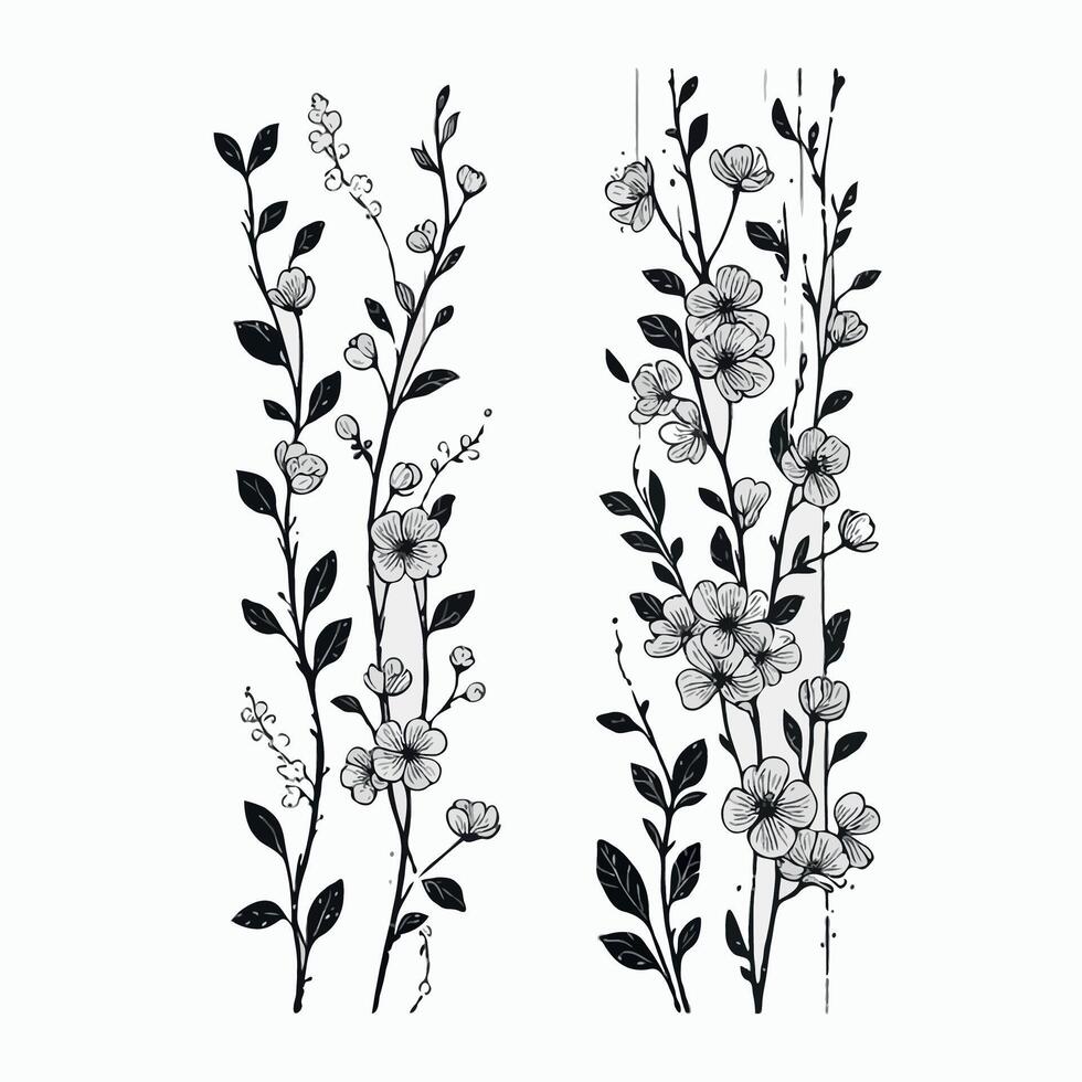 Set of outline sakura, three Stylized floral. Hand drawn spring Botanical drawing. Detailed line art illustration. Simple Stylized Art flowers. Elegant Black and White Cherry blossom branch pack vector