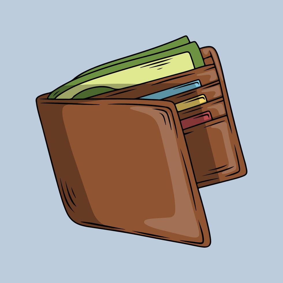 Brown leather wallet containing banknotes and cards vector