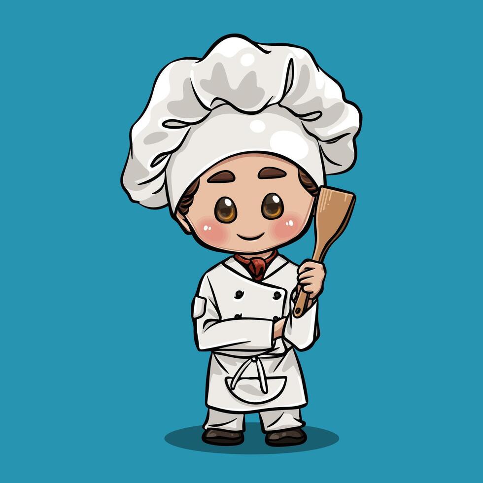 Chef character wearing a chef's hat and white uniform holding a spatula vector