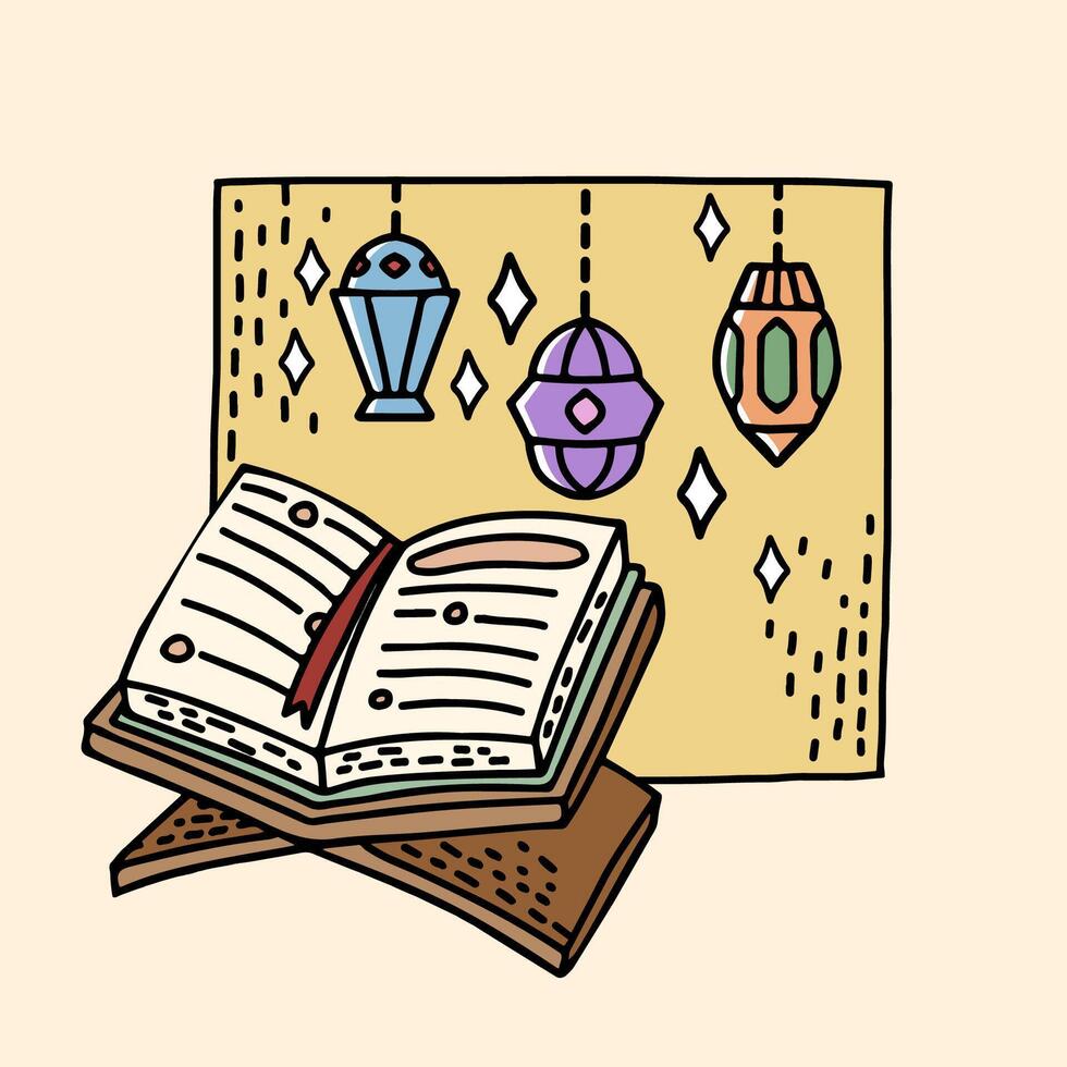 Illustration of an Open Koran on a Stand with a Vintage Lantern in the Background vector