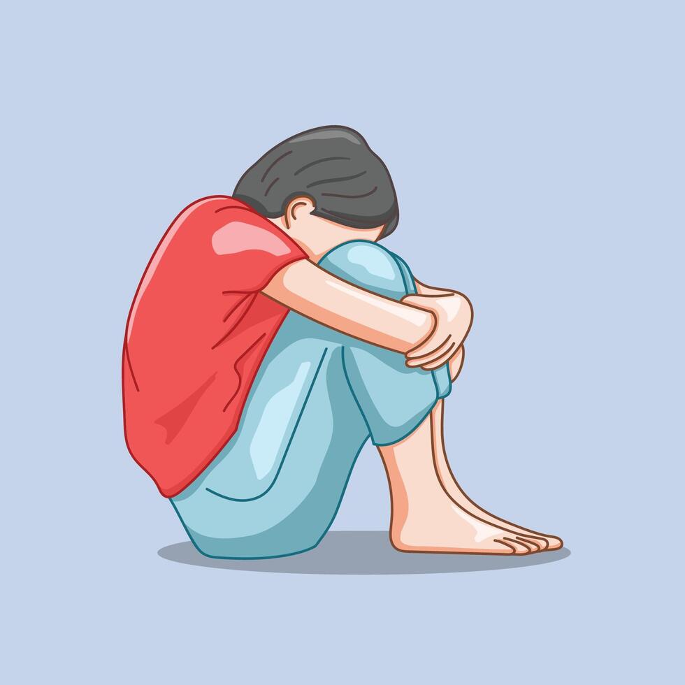 Depressed woman is sitting with her head on her knees vector