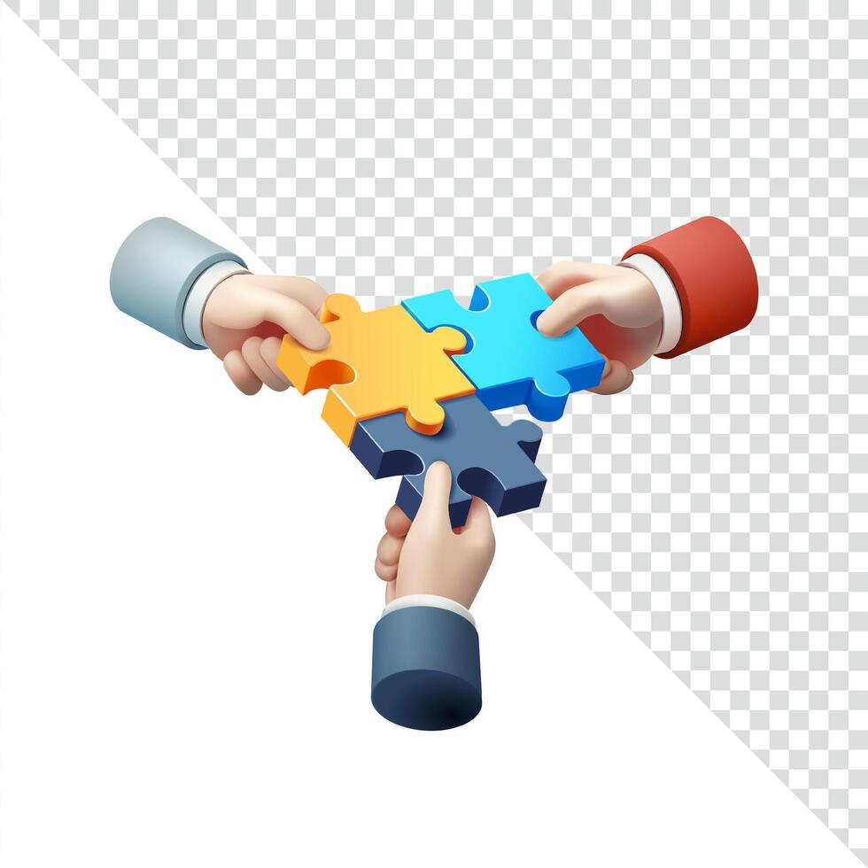 Hands putting together a puzzle, 3d. Suitable for business and design elements vector