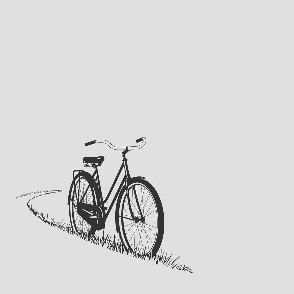 Monochrome illustration of a classic bicycle in profile, shown with tire tracks in stylized grass vector