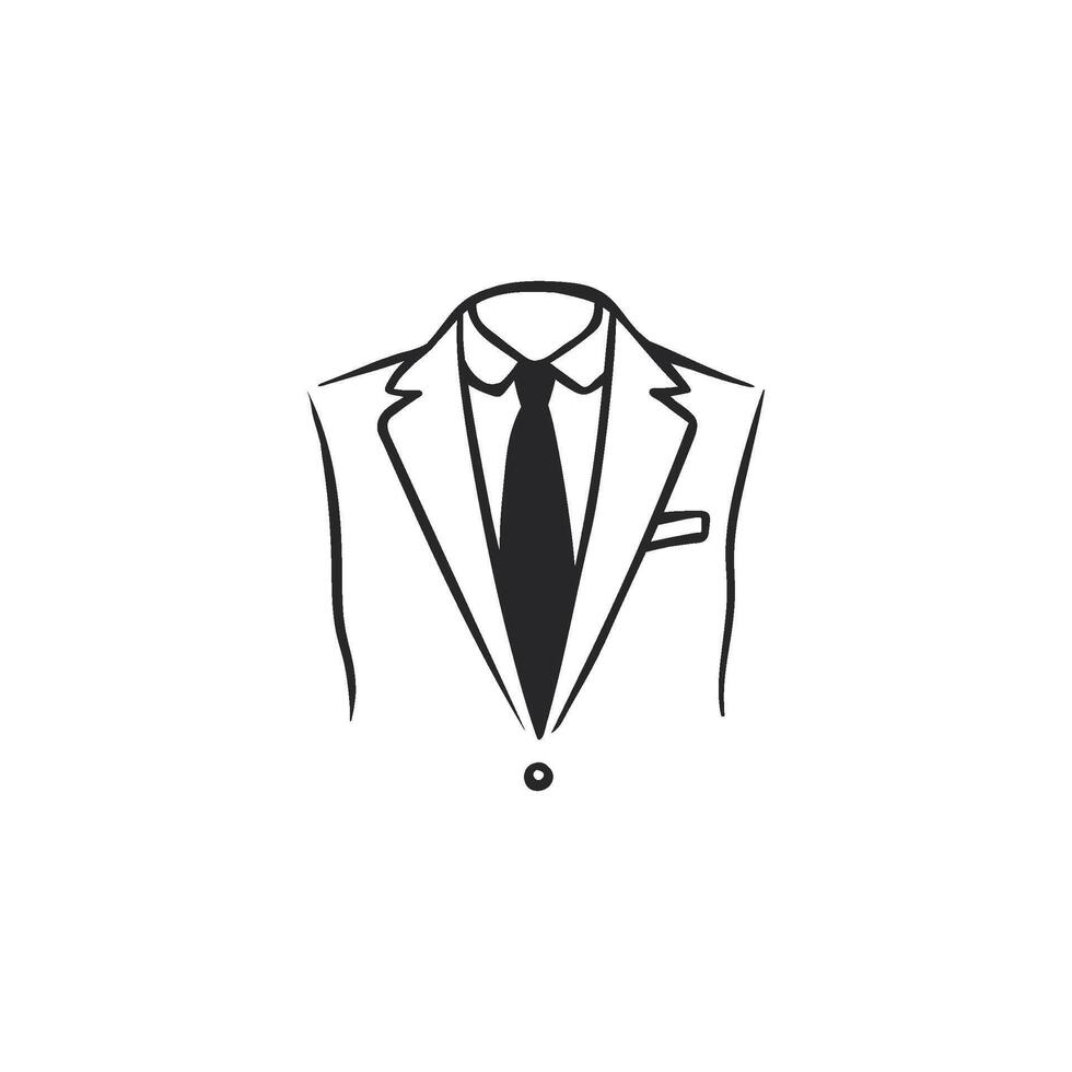 Clean monochrome graphic of a suit jacket, collar, shirt, and tie in a stylized outline vector