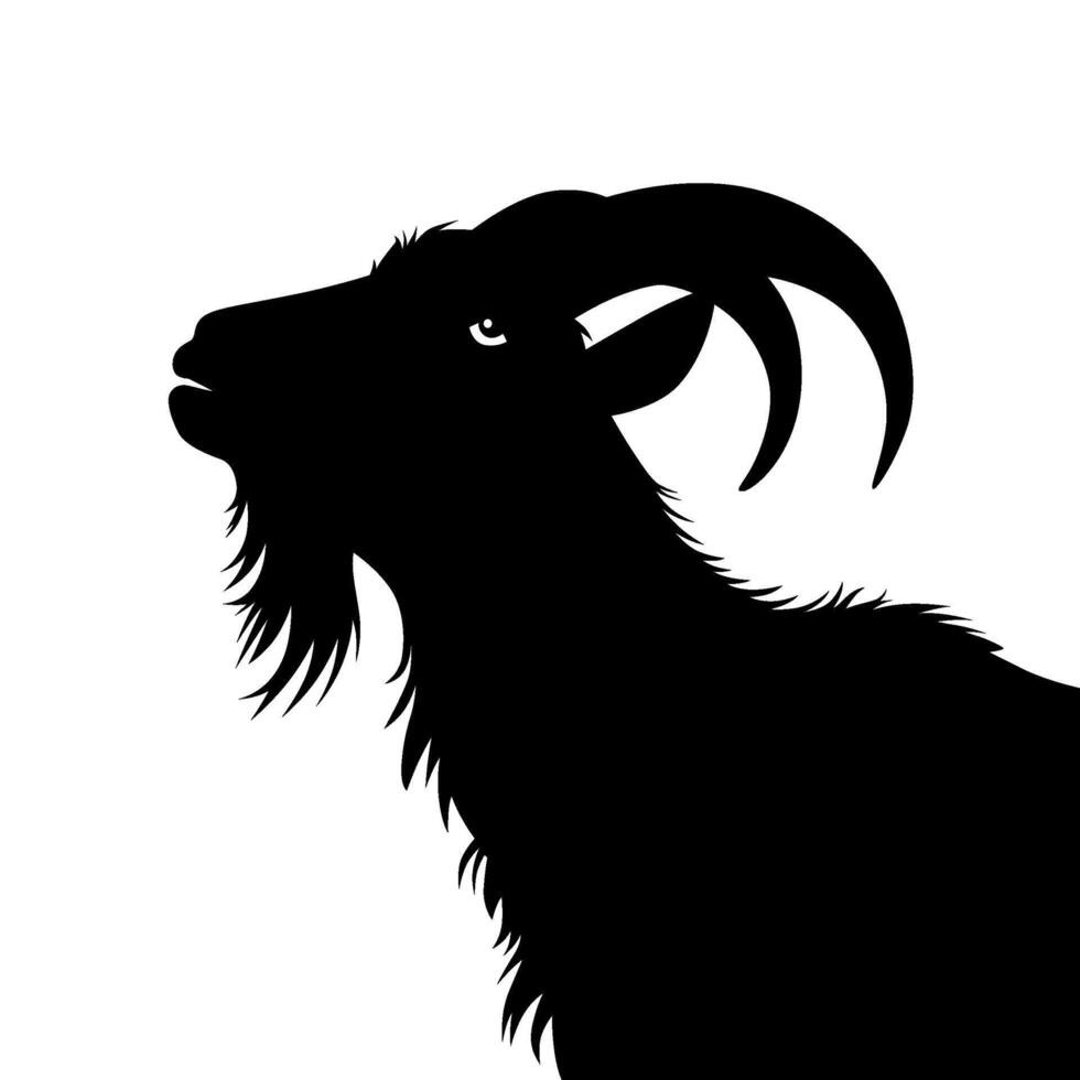 Black silhouette of a majestic goat with large, curved horns and a flowing beard vector