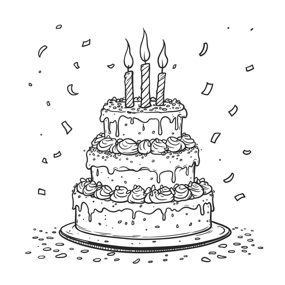 Hand-drawn sketch of a layered birthday cake with flowing icing and lit candles vector