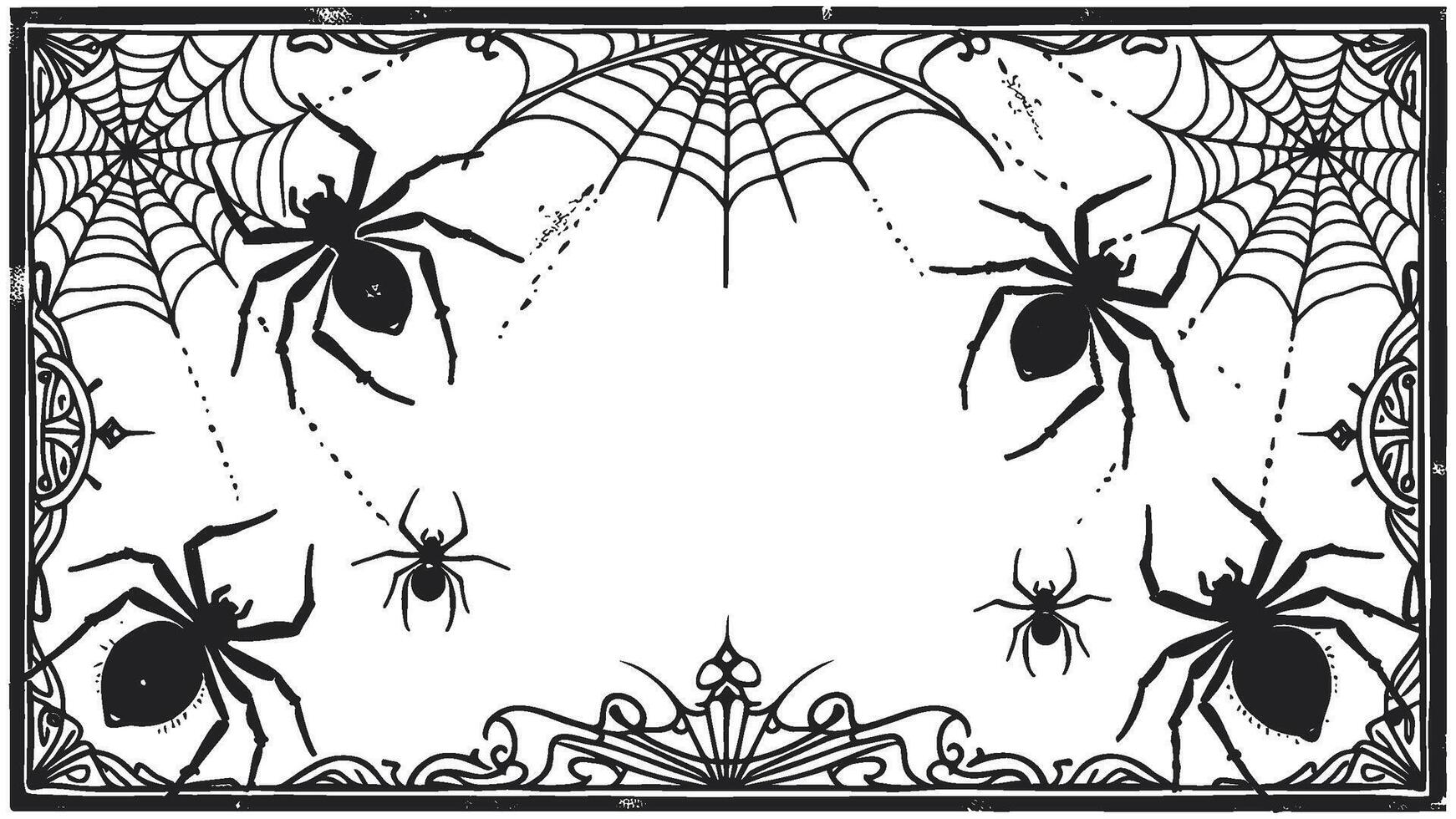 Monochrome drawing of spiders in a web frame vector