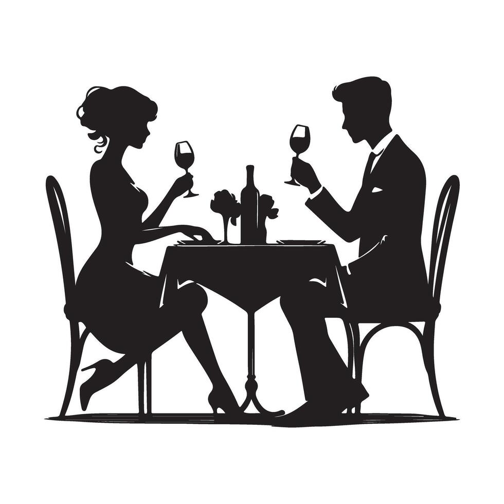 Silhouette of a couple having dinner at a restaurant vector