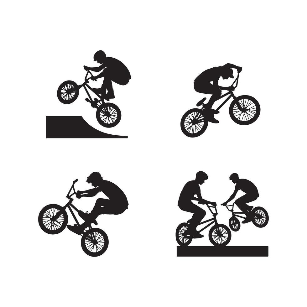 Four silhouettes of people riding bikes on a hill vector