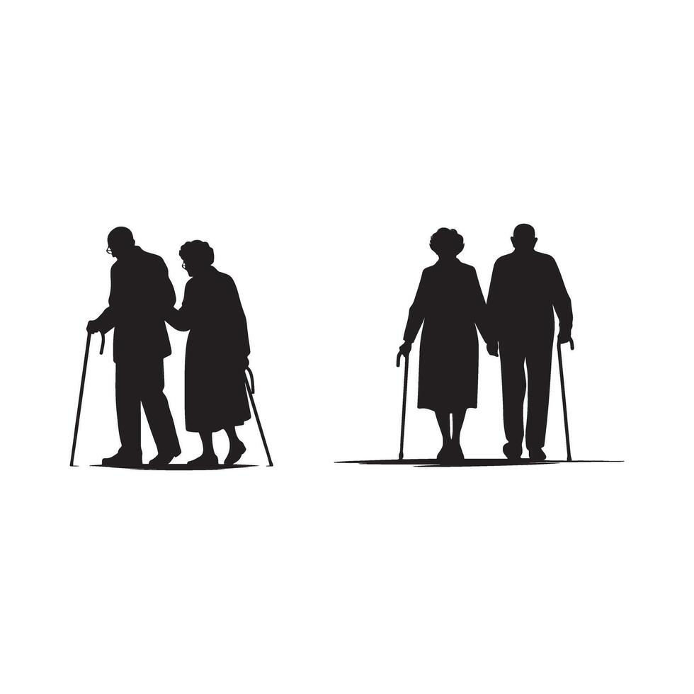 Silhouettes of elderly people with walking sticks vector