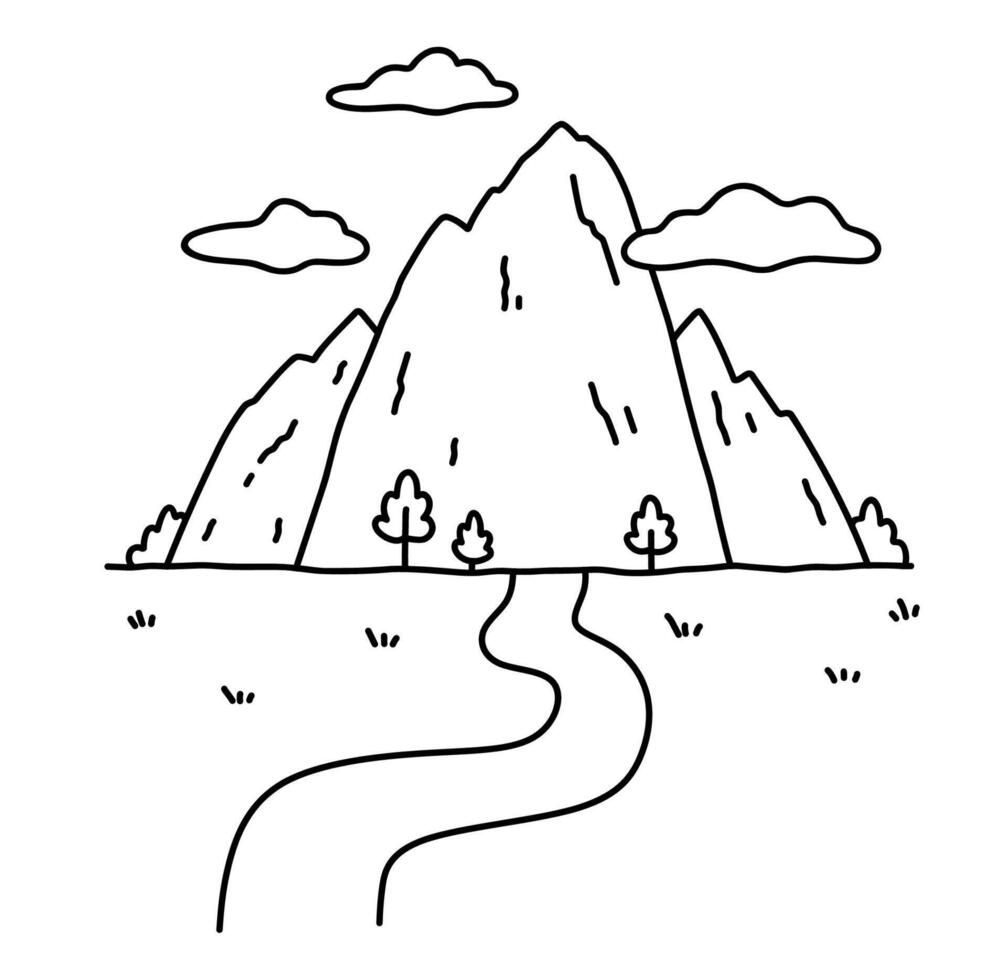 Landscape with mountains, trees and a road. hand-drawn illustration in doodle style. Perfect for cards, banners, various designs. vector