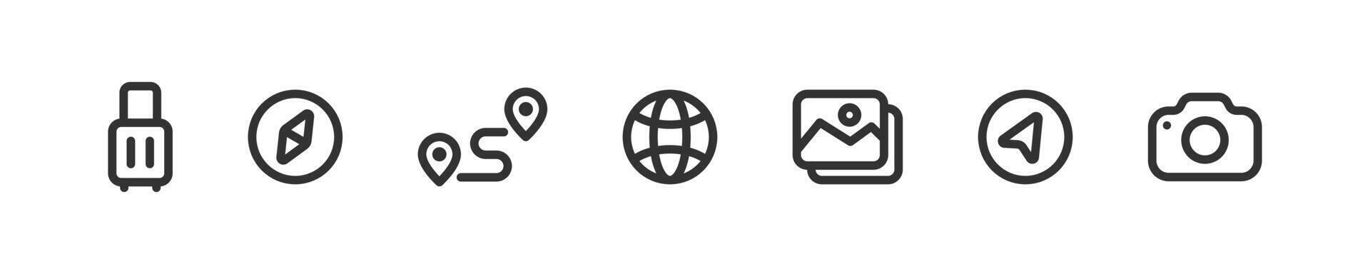 Travel icon set. Tourism route. Photo gallery. Map, compass and camera things for travel. vector