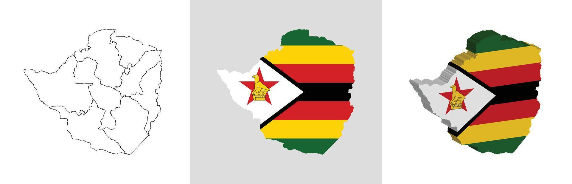Zimbabwe outline, fill with flag and 3d map vector