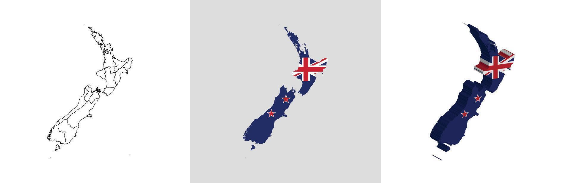 New Zealand outline, fill with flag and 3d map vector