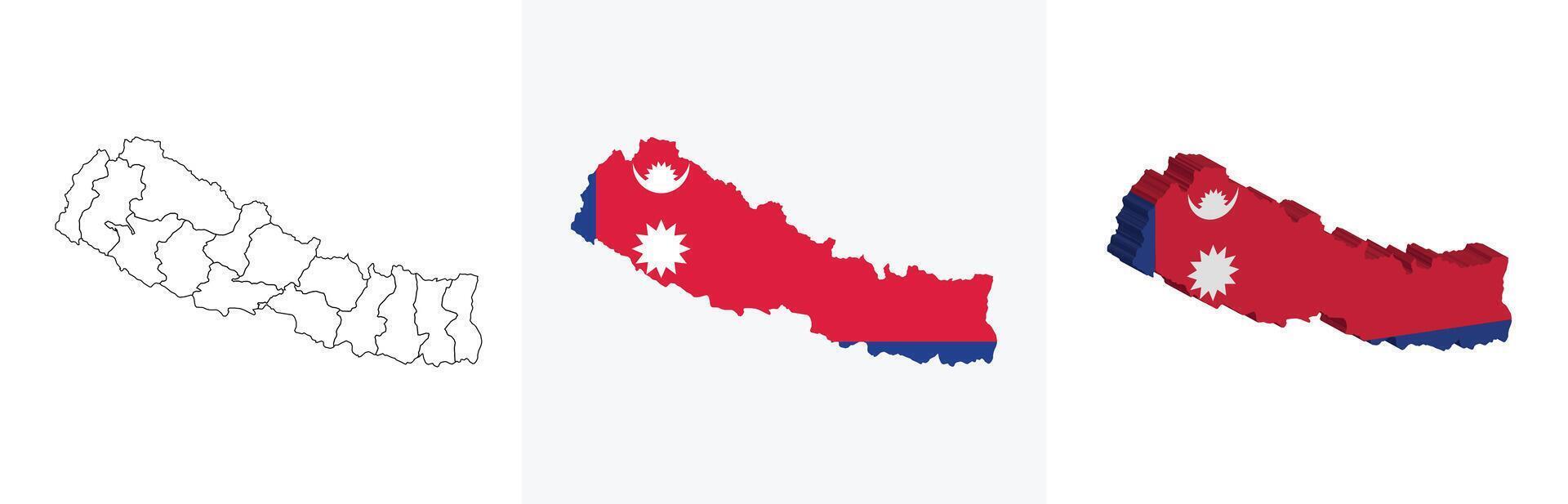 Nepal outline, fill with flag and 3d map vector