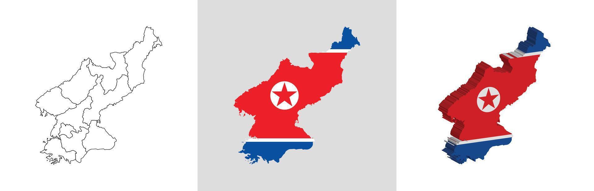North Korea outline, fill with flag and 3d map vector