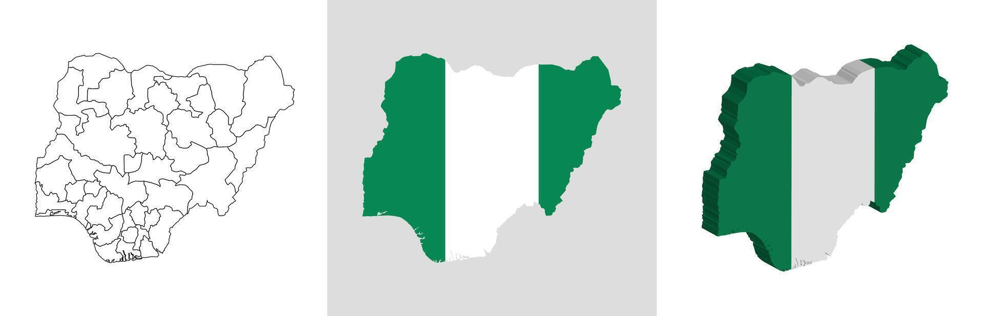 Nigeria outline, fill with flag and 3d map vector