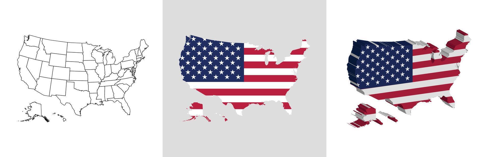 United States of America outline, fill with flag and 3d map vector