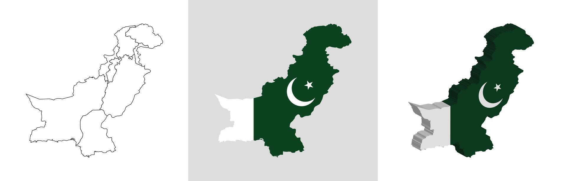 Pakistan outline, fill with flag and 3d map vector