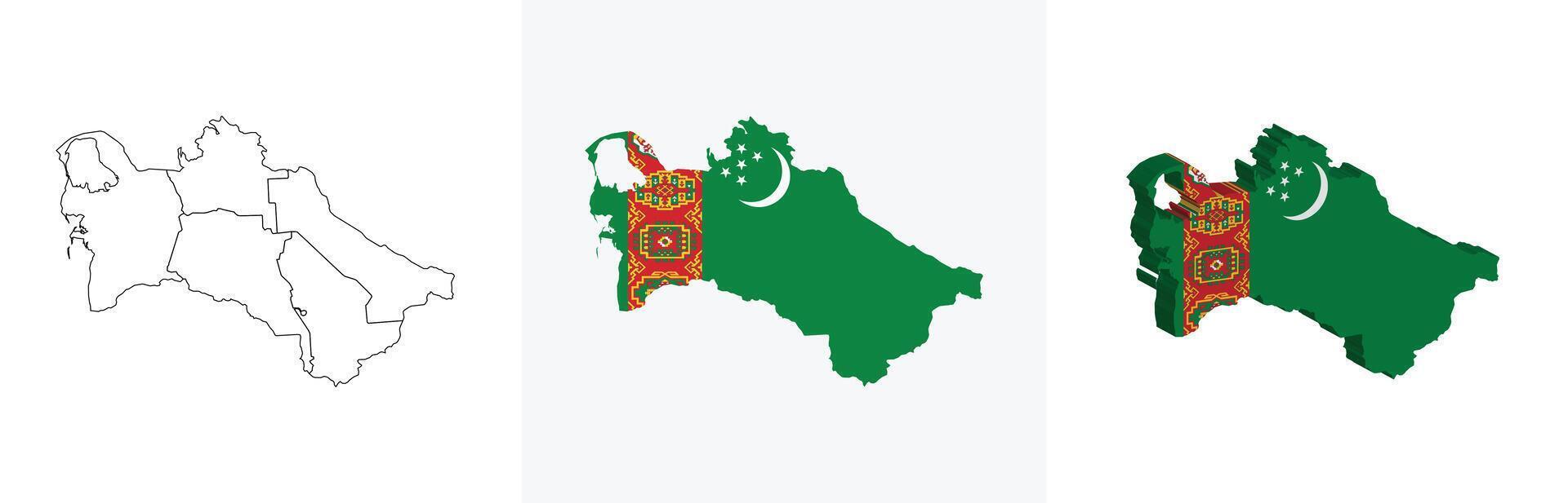 Turkmenistan outline, fill with flag and 3d map vector