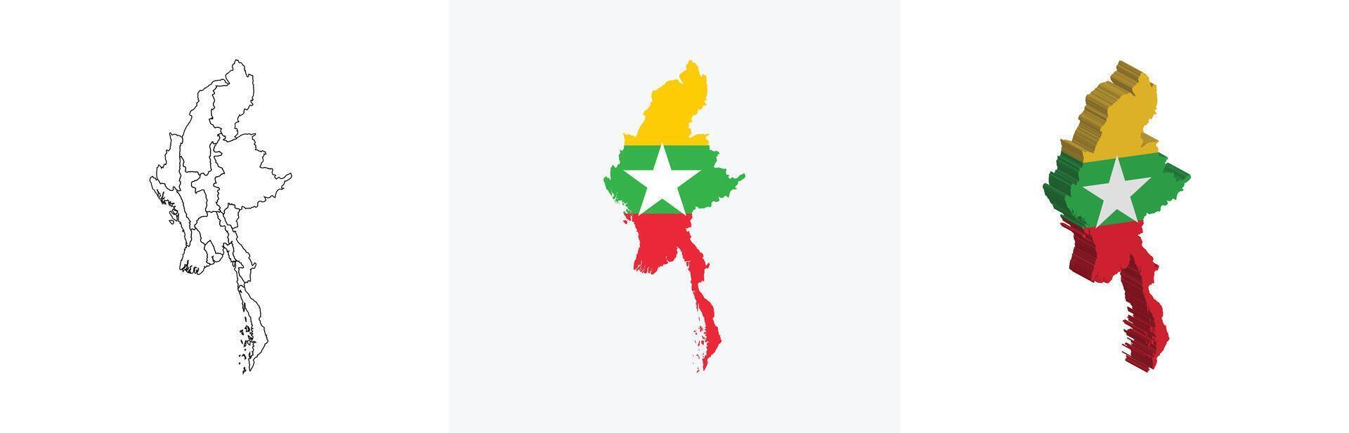 Myanmar outline, fill with flag and 3d map vector