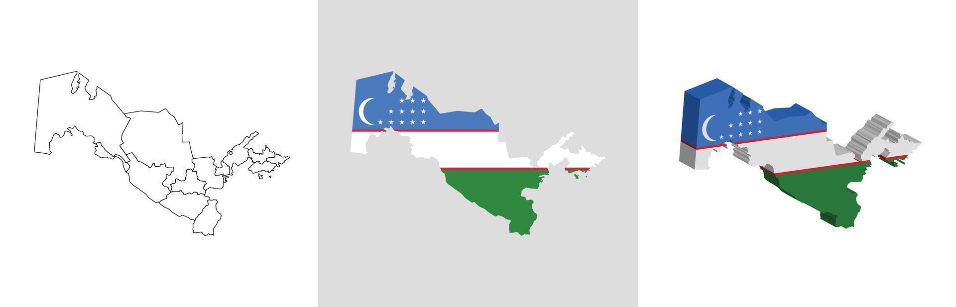 Uzbekistan outline, fill with flag and 3d map vector