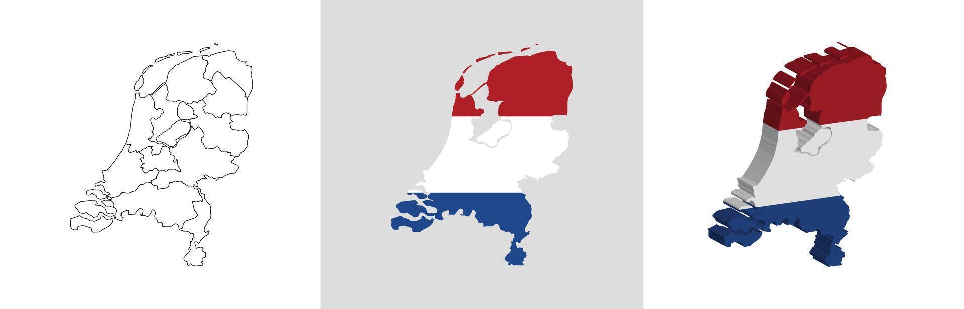 The Netherlands outline, fill with flag and 3d map vector