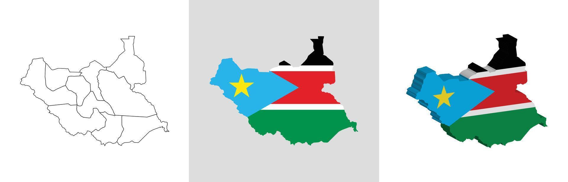 South Sudan outline, fill with flag and 3d map vector