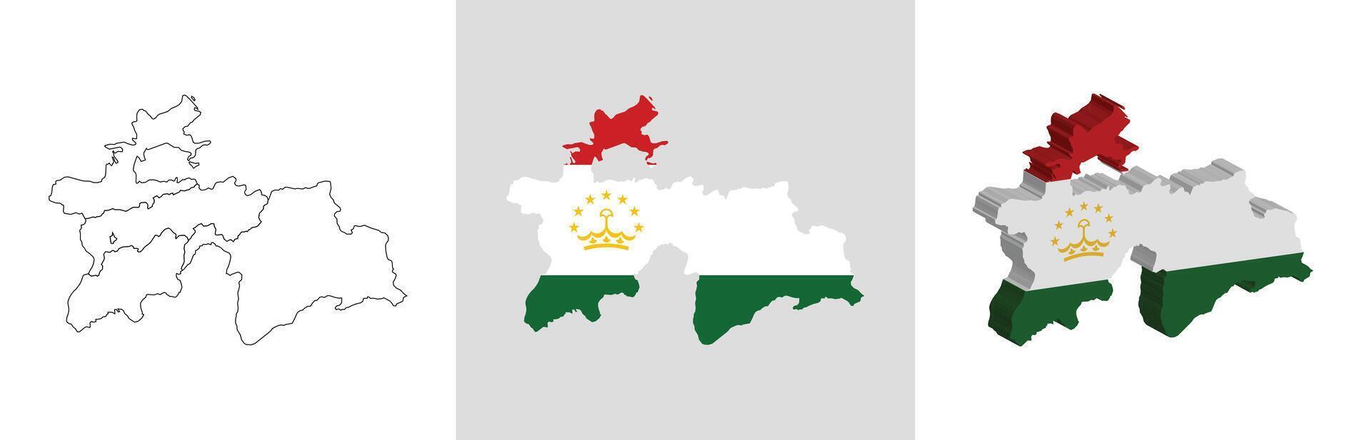 Tajikistan outline, fill with flag and 3d map vector