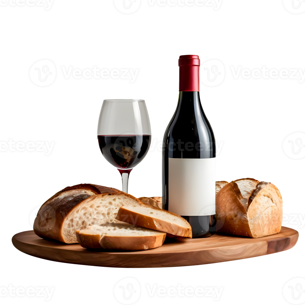 A Wine bottle and bread on a wooden board with a glass of wine png