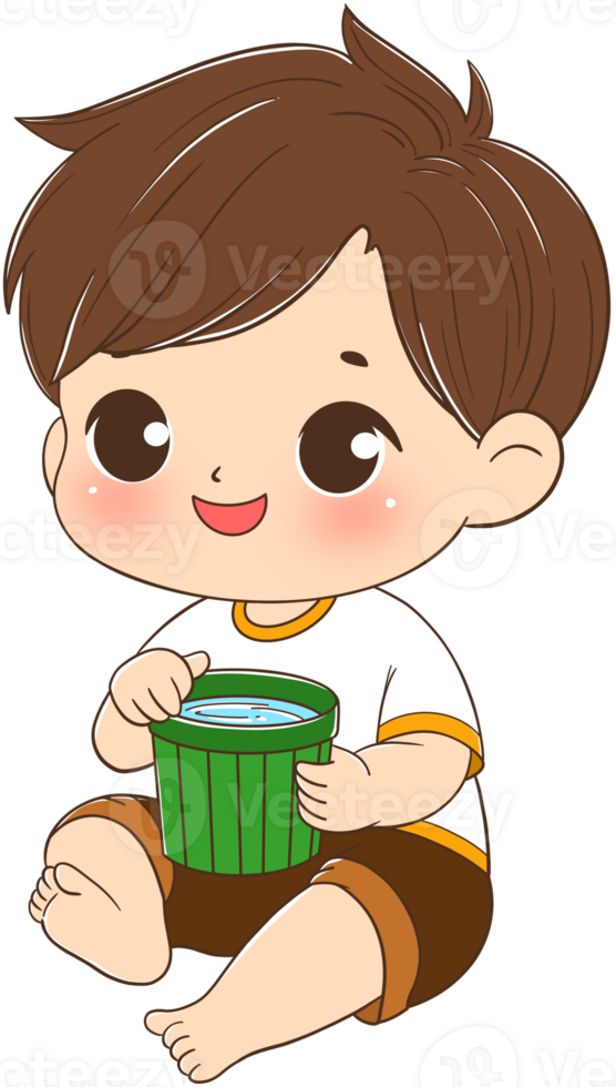 Cute boy character with water backet in Songkran festival png