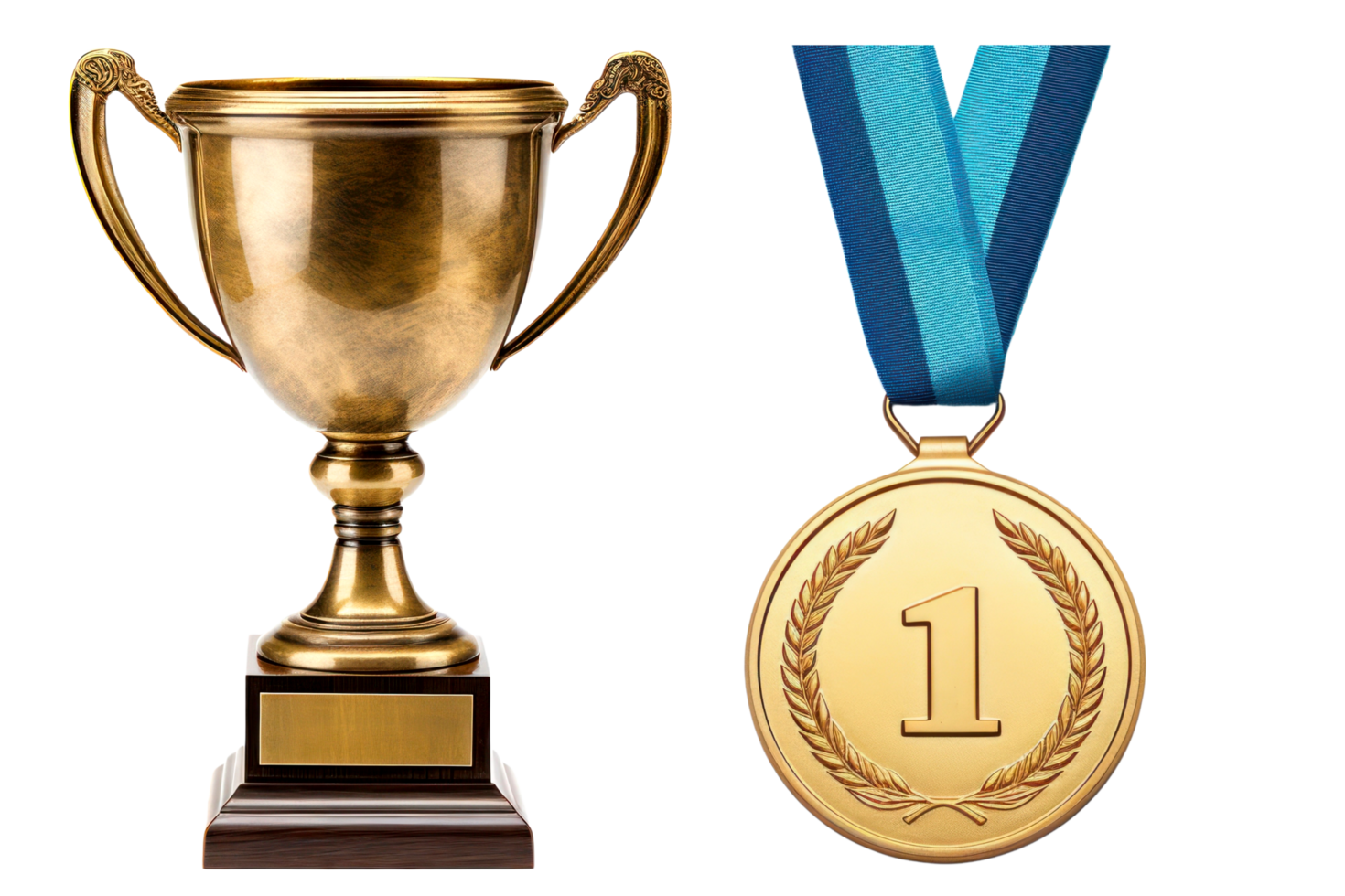 gold trophy and medal on transparent background png