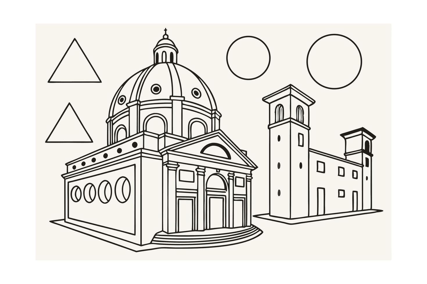 Architectural Line Drawing Of Church And Buildings With Geometric Shapes Illustration Art For Education And Design Resources vector