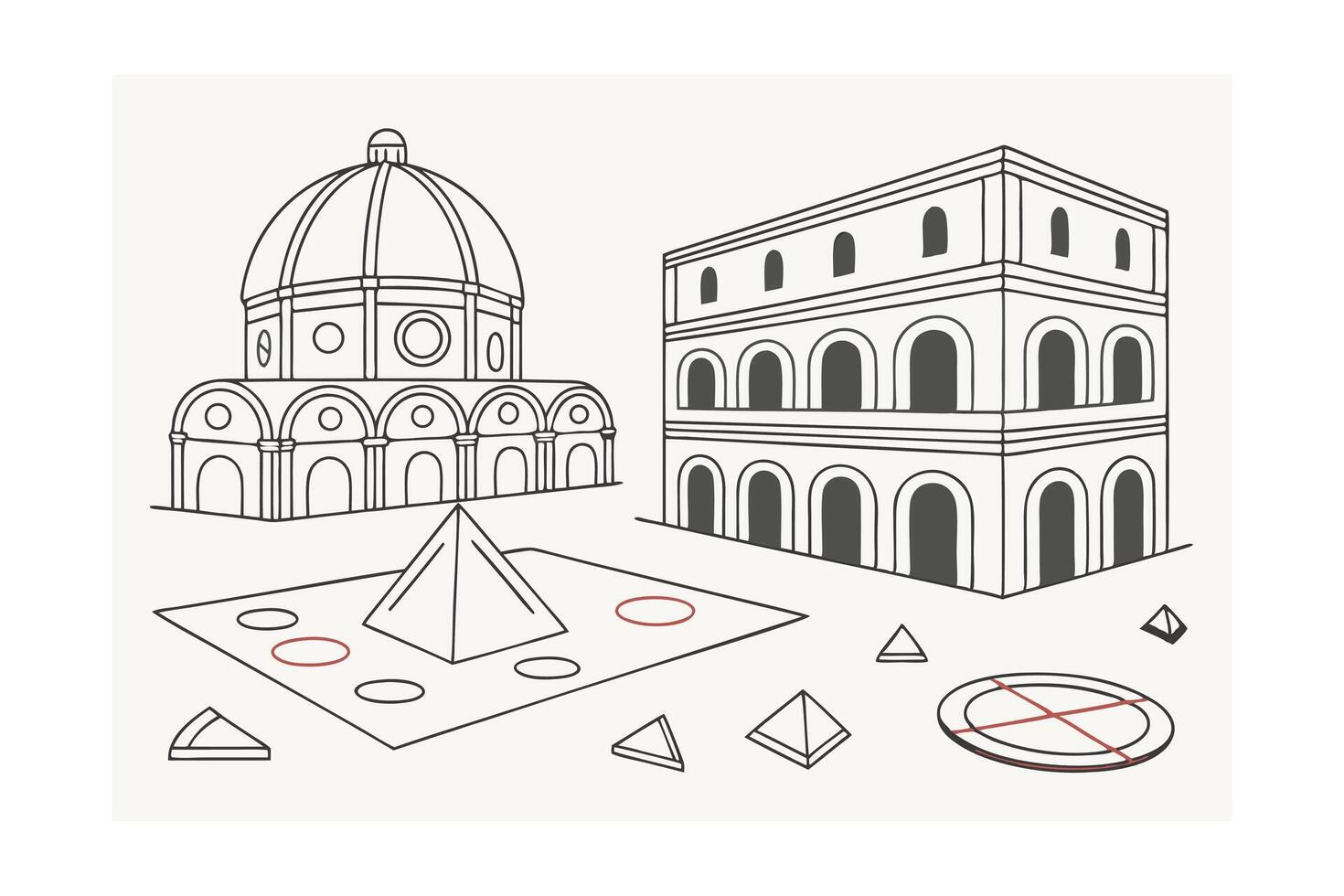 Minimalist Architectural Line Art Depicting Iconic Structures With Geometric Shapes And A Limited Color Palette For Conceptual Design vector