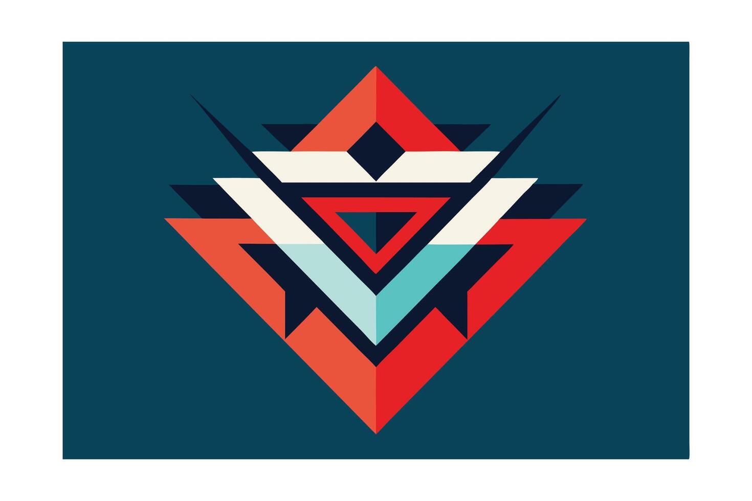 A stylized geometric design featuring layered triangles in red, blue, white, and black. Symmetrical, bold, and reminiscent of tribal art. Clean lines and flat colors. vector