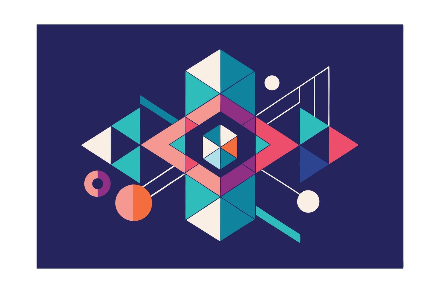 Abstract Geometric Composition With Triangles Cubes And Circles Modern Design On Dark Blue Background Concept For Digital Art And Creative Projects vector
