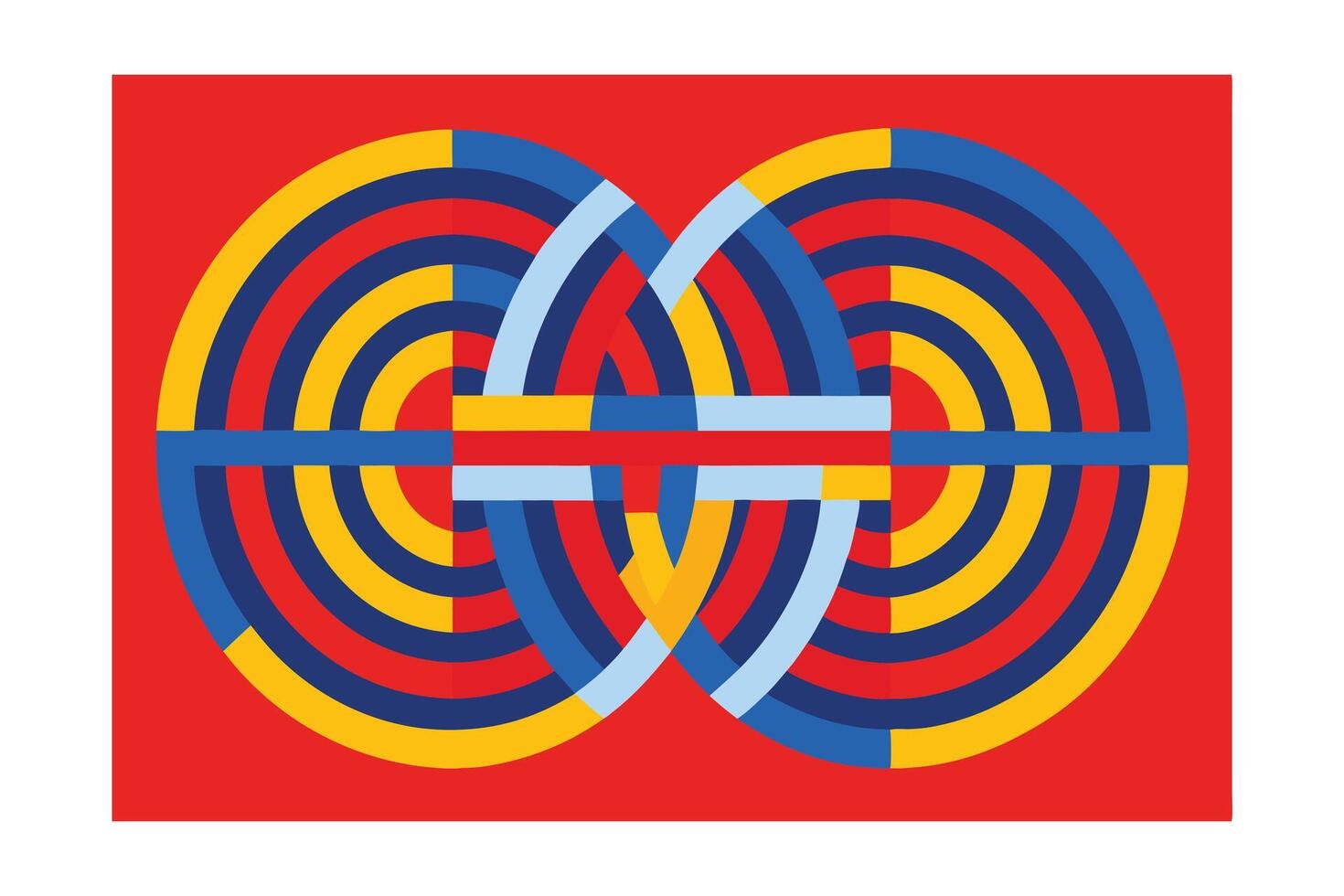 Abstract Geometric Composition With Overlapping Circles And Stripes Colorful Modern Design Red Yellow Blue Tones Decorative Background Or Element vector