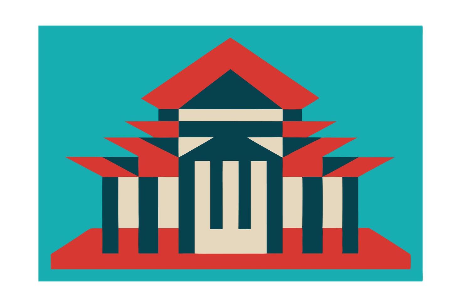 Minimalist Thai Temple Illustration With Geometric Shapes And Bold Colors On Turquoise Background For Cultural And Design Projects vector