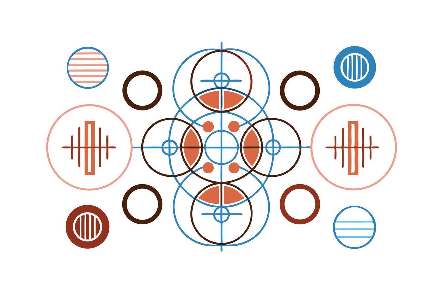 Geometric Abstract Design Featuring Circles And Lines In Blue Brown And Peach Shades Ideal For Modern Backgrounds Or Creative Design Projects vector
