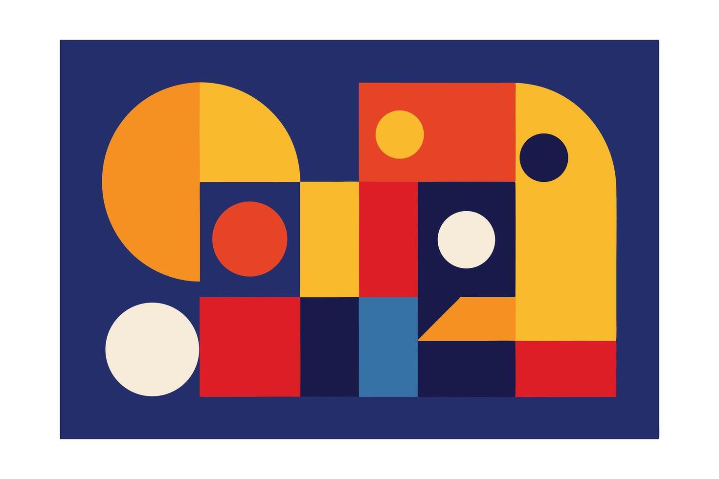 Abstract Geometric Composition With Circles And Squares In Primary Colors On Dark Blue Background For Modern Art And Design Projects vector