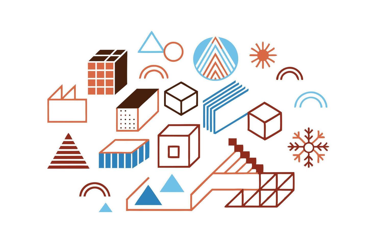 Abstract Geometric Shape Composition With Buildings And Snowflakes In Warm And Cool Tones For Decorative Design Or Backgrounds vector