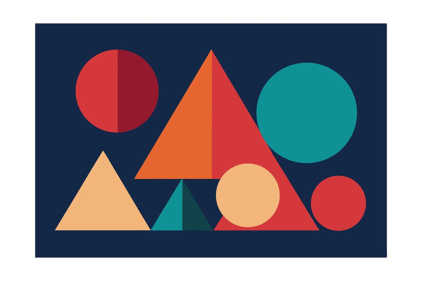 Colorful Geometric Shapes Arrangement Modern Abstract Design Triangles And Circles On Dark Blue Background Contemporary Style Graphic Illustration vector