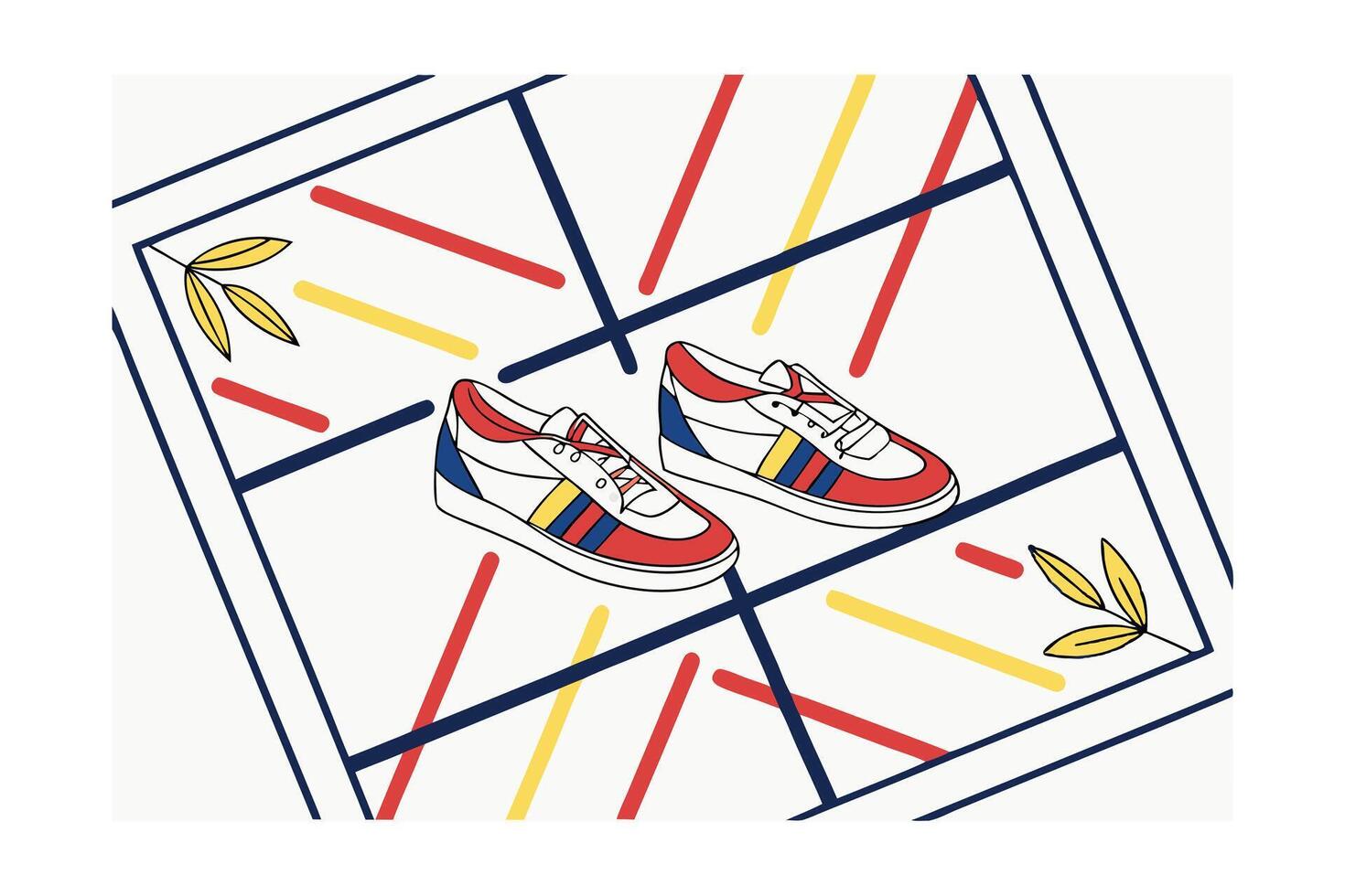 Modern Sneaker Illustration With Geometric Lines And Leaves Featuring Red Yellow And Blue Accents Creating A Stylish Flat Lay Composition vector