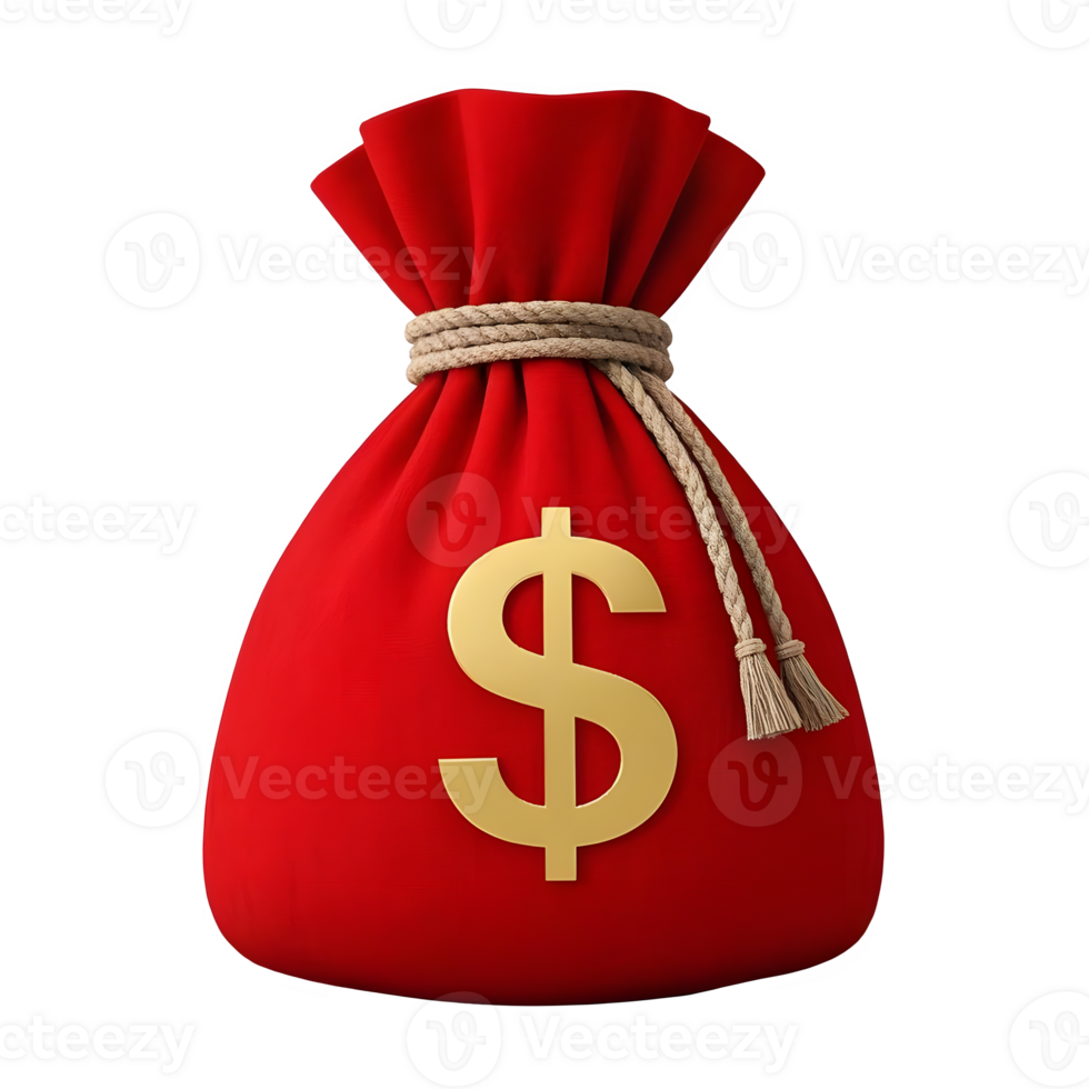 Realistic 3D render of a red color money bag with a golden color dollar sign or isolated on a transparent background png