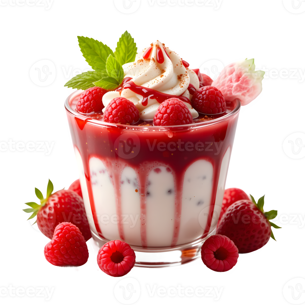 Creamy Dessert Bowl with Fresh Strawberries, Raspberries Sauce Isolated on Transparent Background png