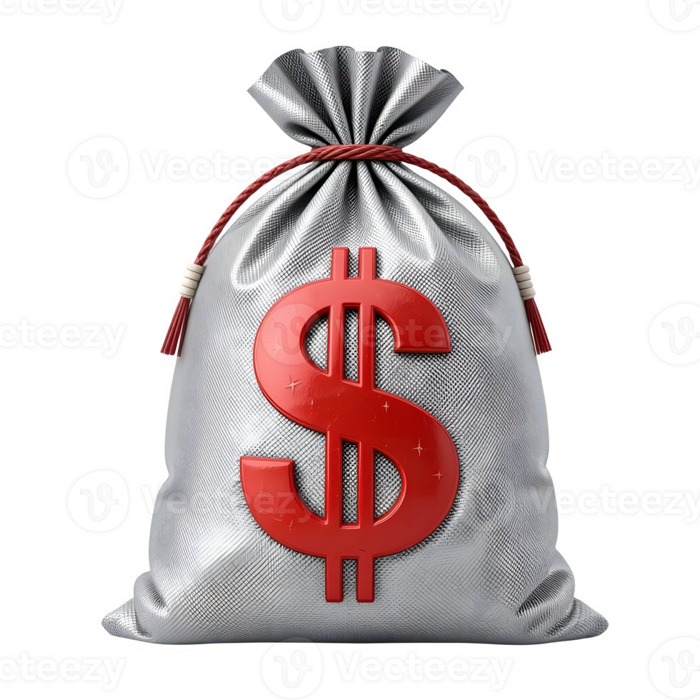 Realistic 3D Silver Money Bag with Red Dollar Sign Gold Coins on Transparent Background png