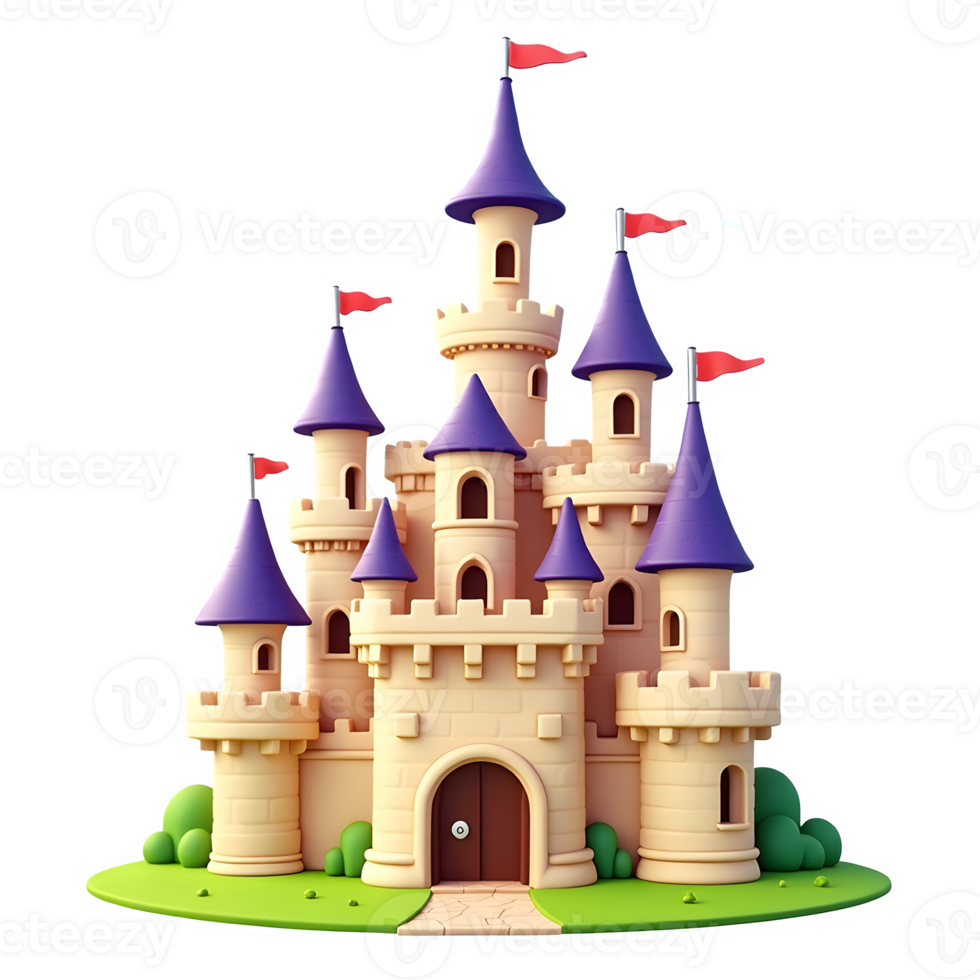 Fairytale Castle 3D Cartoon Fantasy Illustration with Towers Flags, Isolated on Transparent Background png