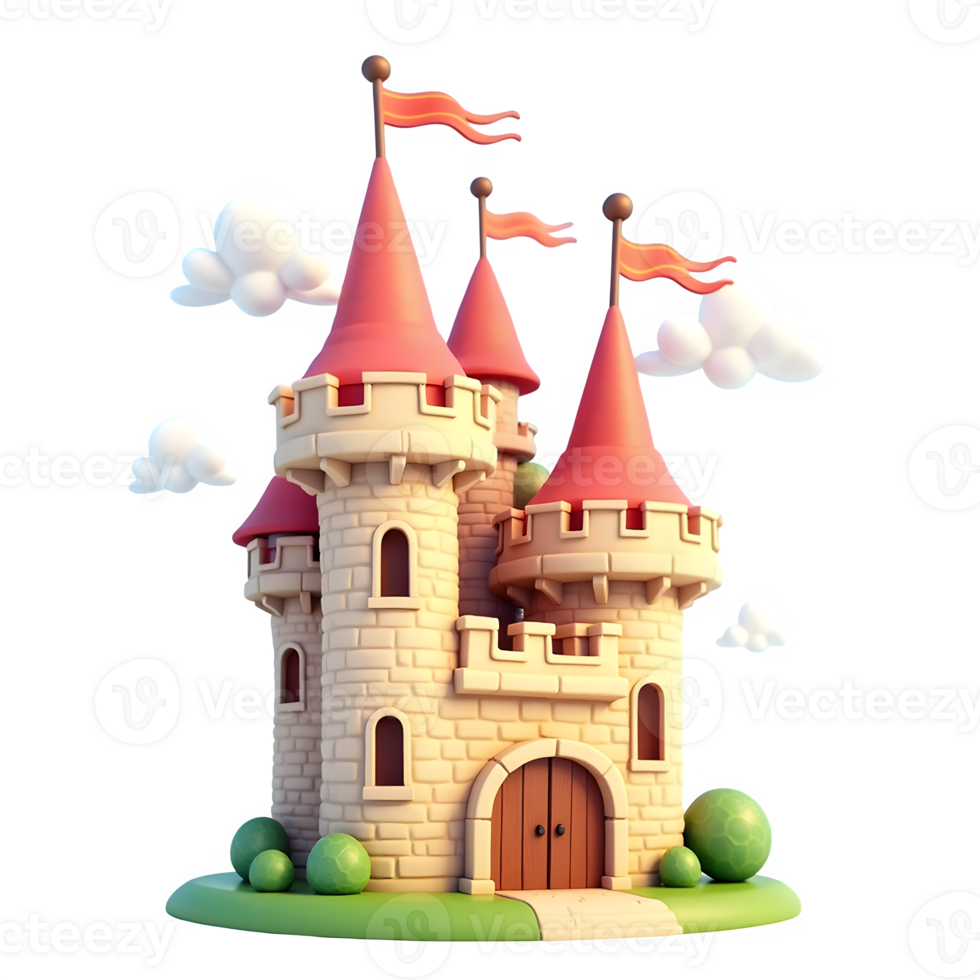 Fantasy Castle Clipart Whimsical 3D Cartoon Tower with Flags, Transparent Background for Design png